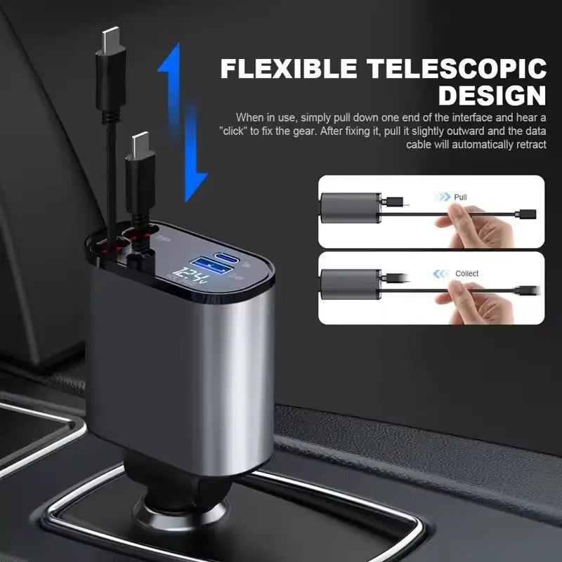 4-in-1 Fast Car Charger with Retractable Cables & PD Fast Charging for Mobiles