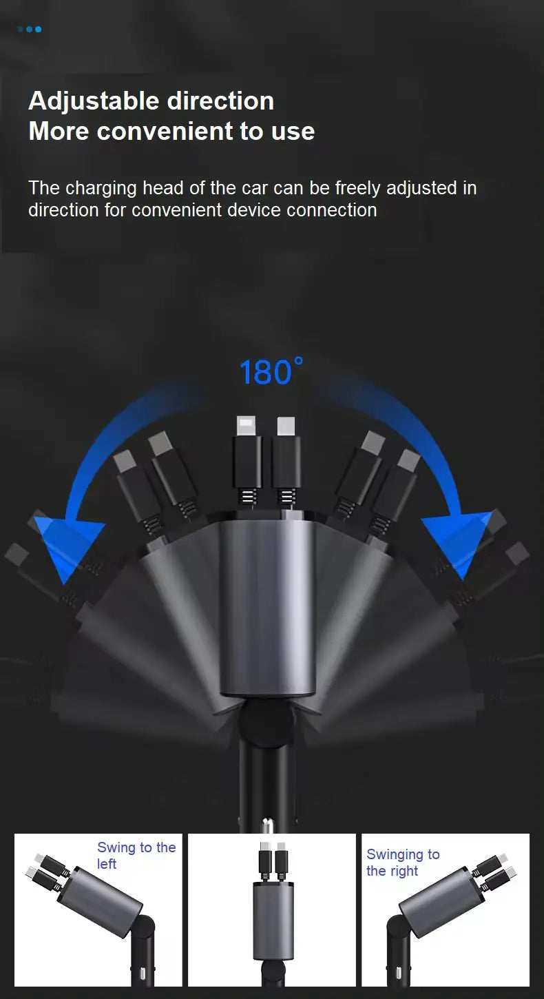 4-in-1 Fast Car Charger with Retractable Cables & PD Fast Charging for Mobiles
