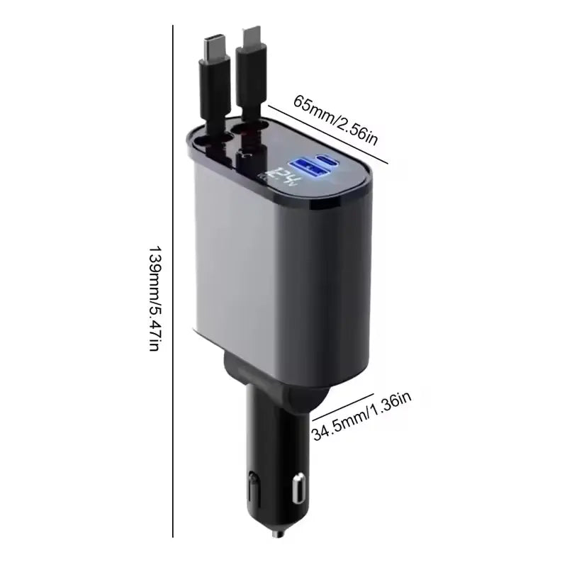 4-in-1 Fast Car Charger with Retractable Cables & PD Fast Charging for Mobiles