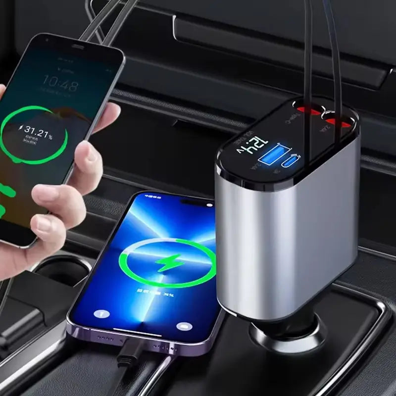 4-in-1 Fast Car Charger with Retractable Cables & PD Fast Charging for Mobiles