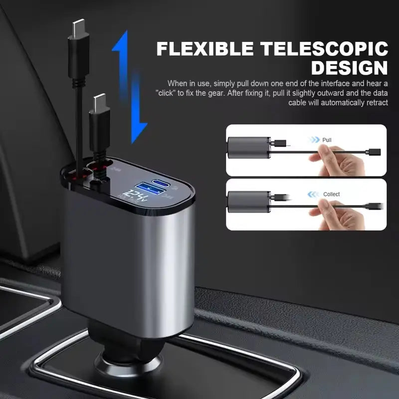 4-in-1 Fast Car Charger with Retractable Cables & PD Fast Charging for Mobiles