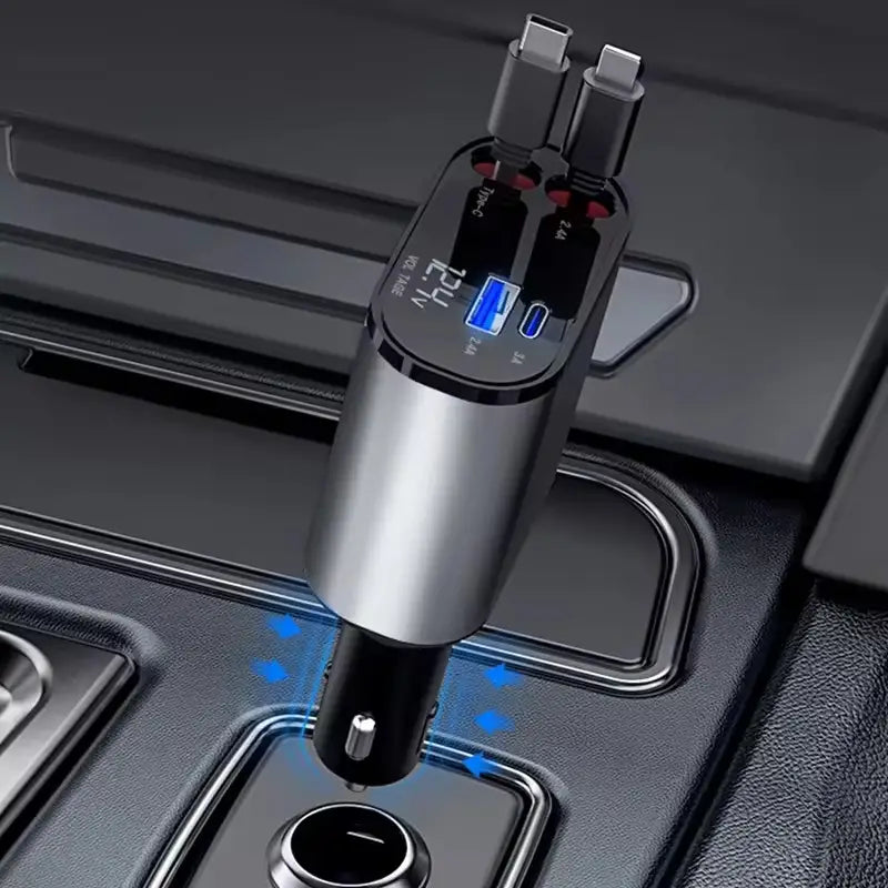 4-in-1 Fast Car Charger with Retractable Cables & PD Fast Charging for Mobiles