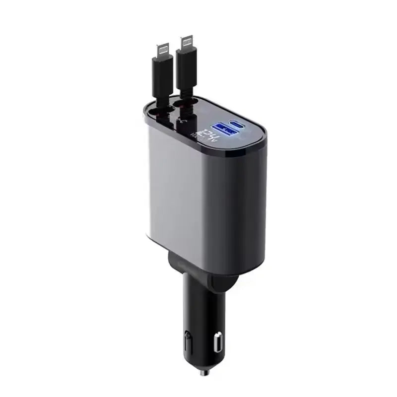 4-in-1 Fast Car Charger with Retractable Cables & PD Fast Charging for Mobiles