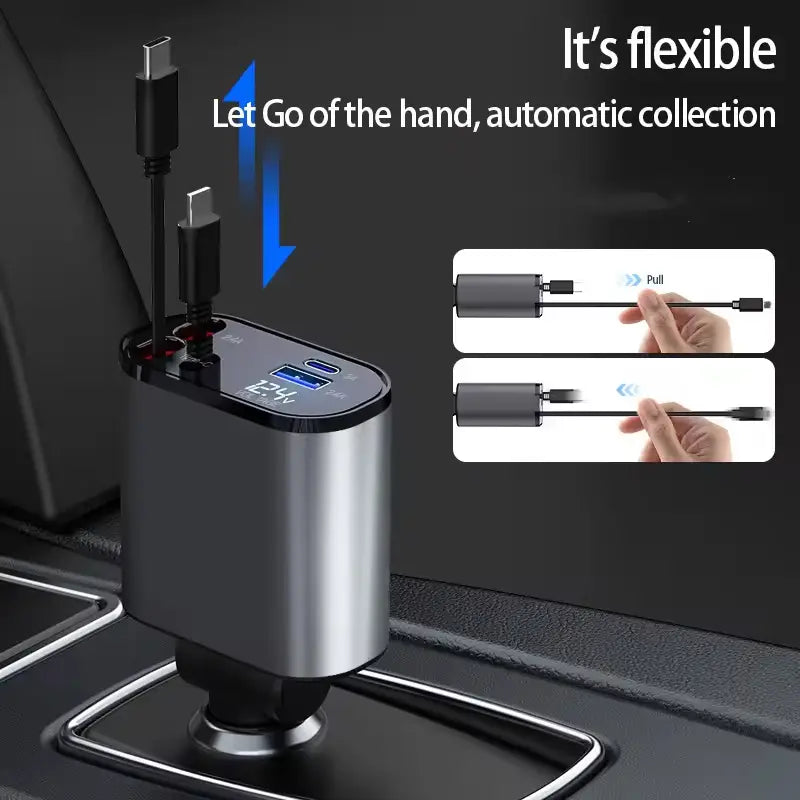 4-in-1 Fast Car Charger with Retractable Cables & PD Fast Charging for Mobiles