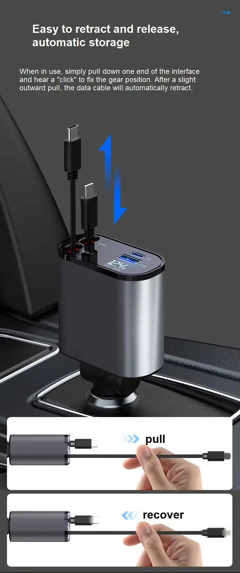 4-in-1 Fast Car Charger with Retractable Cables & PD Fast Charging for Mobiles