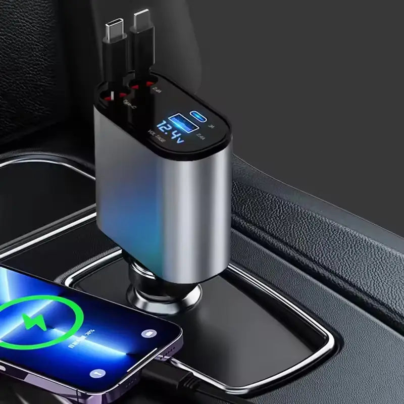 4-in-1 Fast Car Charger with Retractable Cables & PD Fast Charging for Mobiles