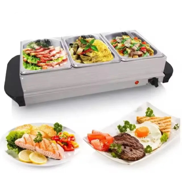 3-Section Electric Buffet Server & Warming Tray with Adjustable Thermostat - 300W