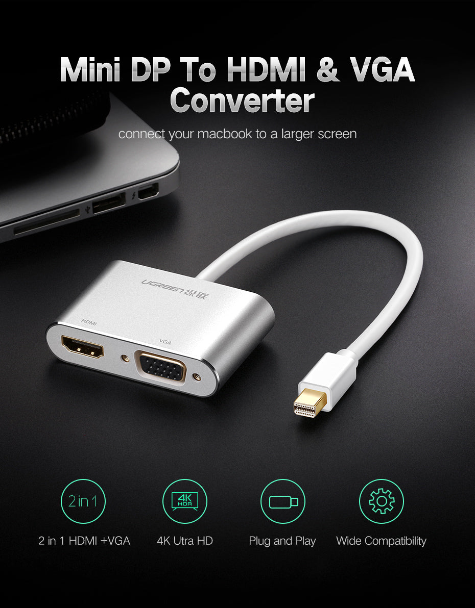 محول UGREEN Mini DP إلى HDMI + VGA (فضي)