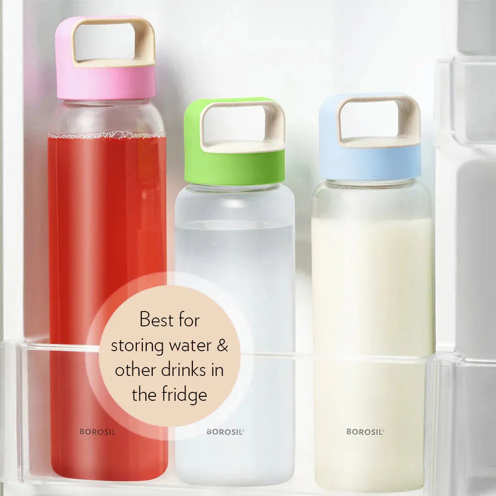 Borosil Crysto 750ml Borosilicate Glass Water Bottle with Leakproof Airtight Lid, Fridge Safe Wide Mouth Clear Bottle