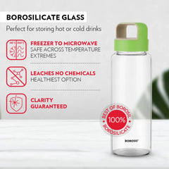 Borosil Crysto 750ml Borosilicate Glass Water Bottle with Leakproof Airtight Lid, Fridge Safe Wide Mouth Clear Bottle