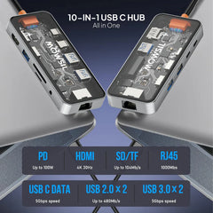 Mowsil 10-in-1 USB-C Hub Docking Station 100W PD HDMI 4K 60Hz RJ45 USB SD/TF Audio MacBook iPad