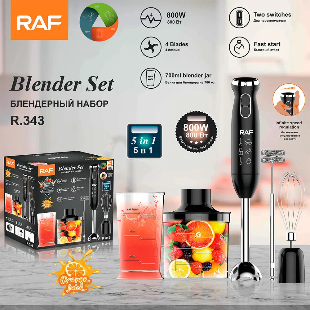 RAF 4-in-1 Multi-Functional Hand Blender, Chopper, Whisk & Mixer – 340W Stainless Steel Stick with Dual Speed & 600 ml Jar
