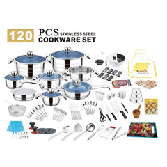Funite 120 Pieces Stainless Steel Cookware Set with Pots, Pans, Utensils, Cutlery & Baking Tools – Induction & Gas Compatible