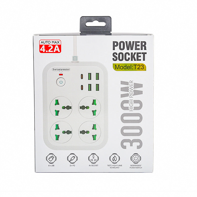 4-Way Universal Extension Board with Master Switch, 4 AC Sockets, 4 USB Ports, 2 Type-C PD Ports - 3000W Output