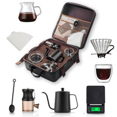 8-Piece Outdoor Hand Brewing Coffee Making Set with Elegant Leather Bag, Scale, and Coffee Utensils for Outdoor, Travel & Home