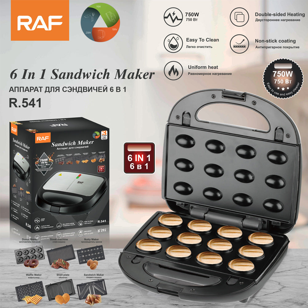 RAF 6-in-1 Multi-Functional Sandwich Maker with Interchangeable Plates for Donut, Waffle, Steak, Nutty Cakes & Shell Shape Baking