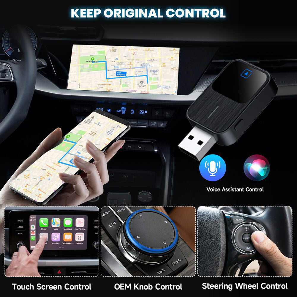 2-in-1 Wireless CarPlay & Android Auto USB Adapter with Bluetooth 5.3, Dual-Band WiFi, Voice Control & Multi-Car Compatibility – Plug & Play Smart Connection for iOS & Android Devices