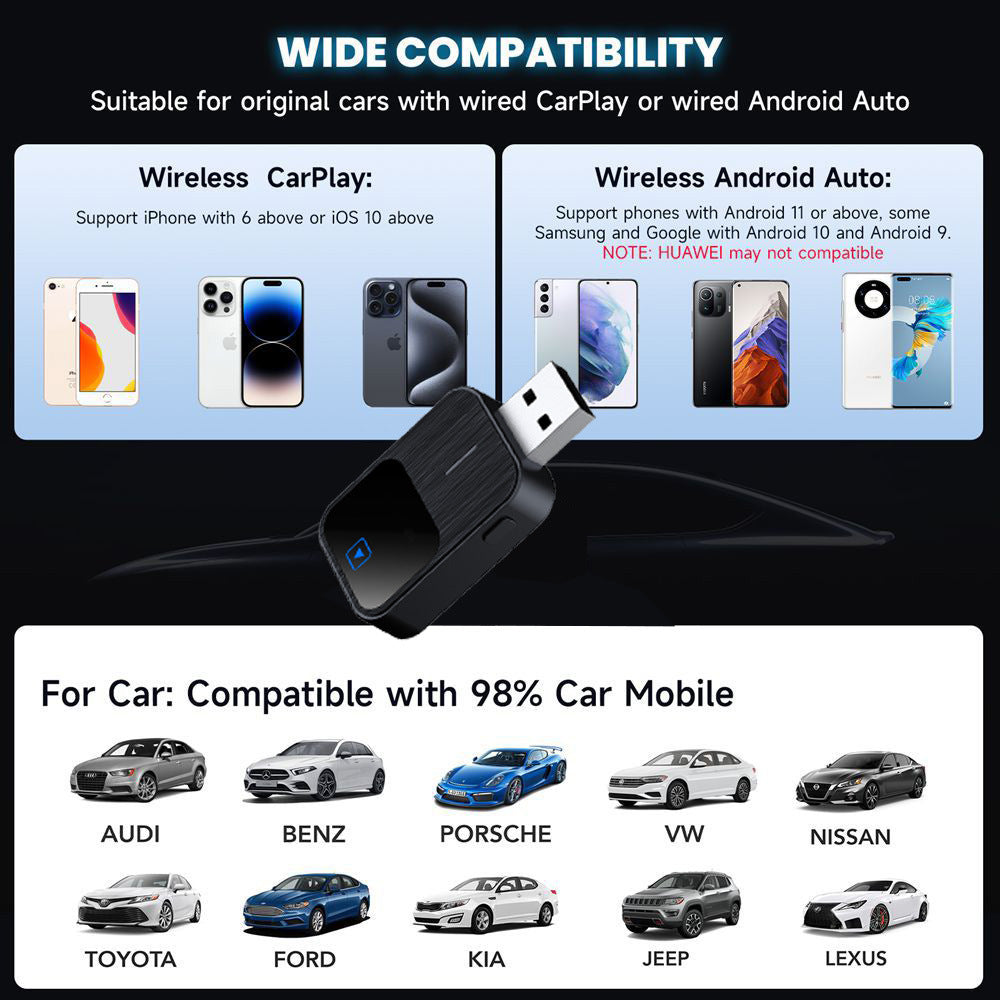 2-in-1 Wireless CarPlay & Android Auto USB Adapter with Bluetooth 5.3, Dual-Band WiFi, Voice Control & Multi-Car Compatibility – Plug & Play Smart Connection for iOS & Android Devices