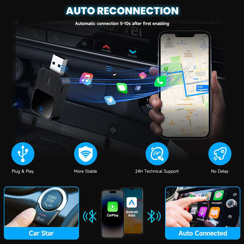 2-in-1 Wireless CarPlay & Android Auto USB Adapter with Bluetooth 5.3, Dual-Band WiFi, Voice Control & Multi-Car Compatibility – Plug & Play Smart Connection for iOS & Android Devices