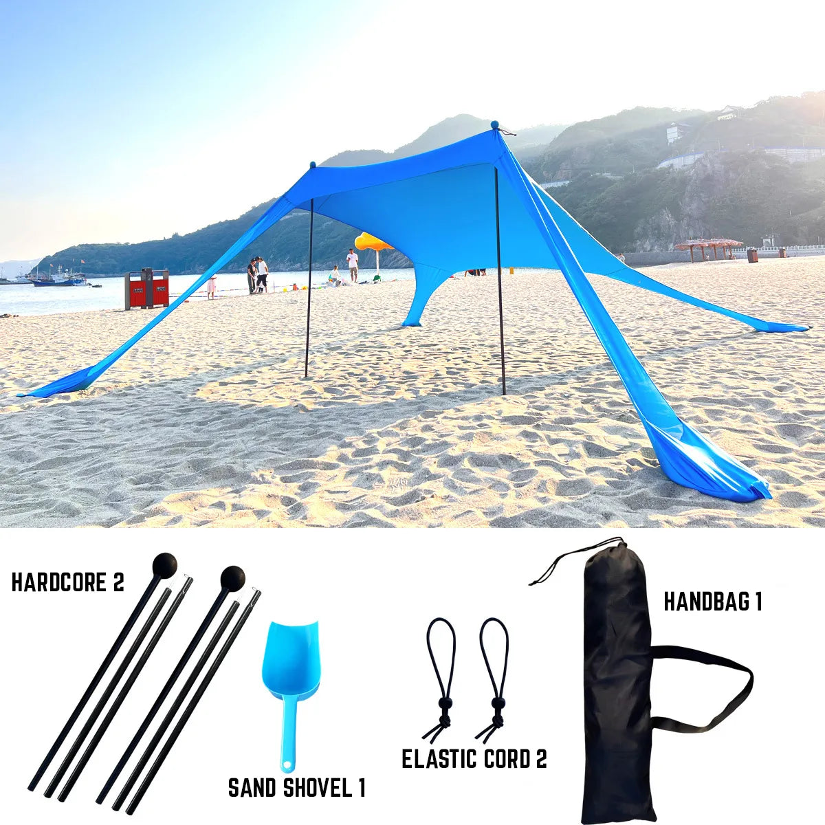 Waterproof Blue Garden & Camping Shade Sail Tent Sun Shelter with UPF 50+, Foldable Canopy for Picnic, Beach, Pool, and Outdoor Activities - 200 x 160 cm
