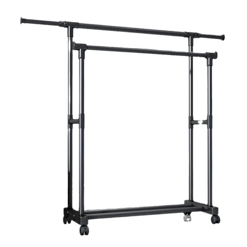 Adjustable Double Pole Clothes Hanger Rack with Wheels, Heavy Duty Steel Garment Organizer Stand with Bottom Shelf and Expandable Width 85–140 cm