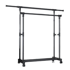 Adjustable Double Pole Clothes Hanger Rack with Wheels, Heavy Duty Steel Garment Organizer Stand with Bottom Shelf and Expandable Width 85–140 cm