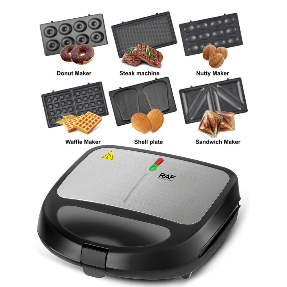 RAF 6-in-1 Multi-Functional Sandwich Maker with Interchangeable Plates for Donut, Waffle, Steak, Nutty Cakes & Shell Shape Baking