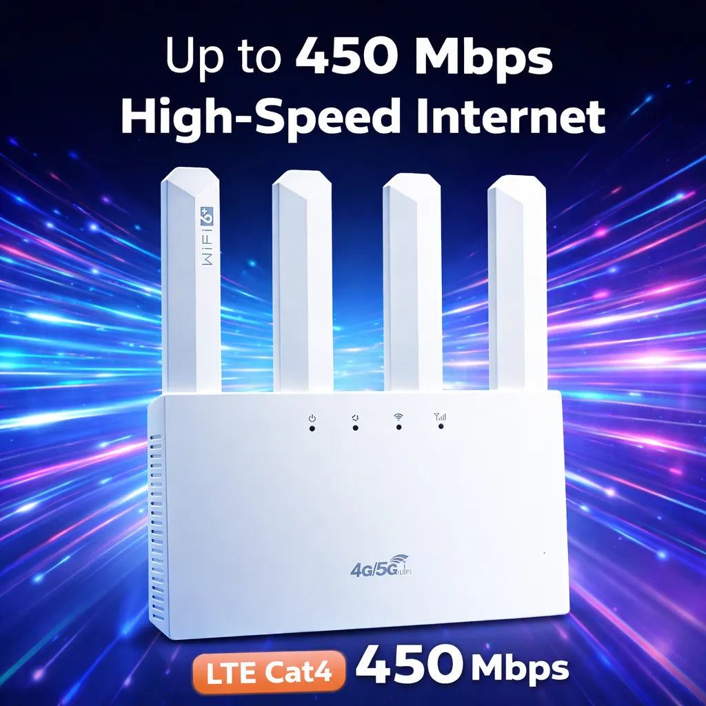 WiFi 6 LTE CPE 4G SIM Card Router – 450Mbps, 4 Antennas, 16 Devices, USB-C & WAN/LAN