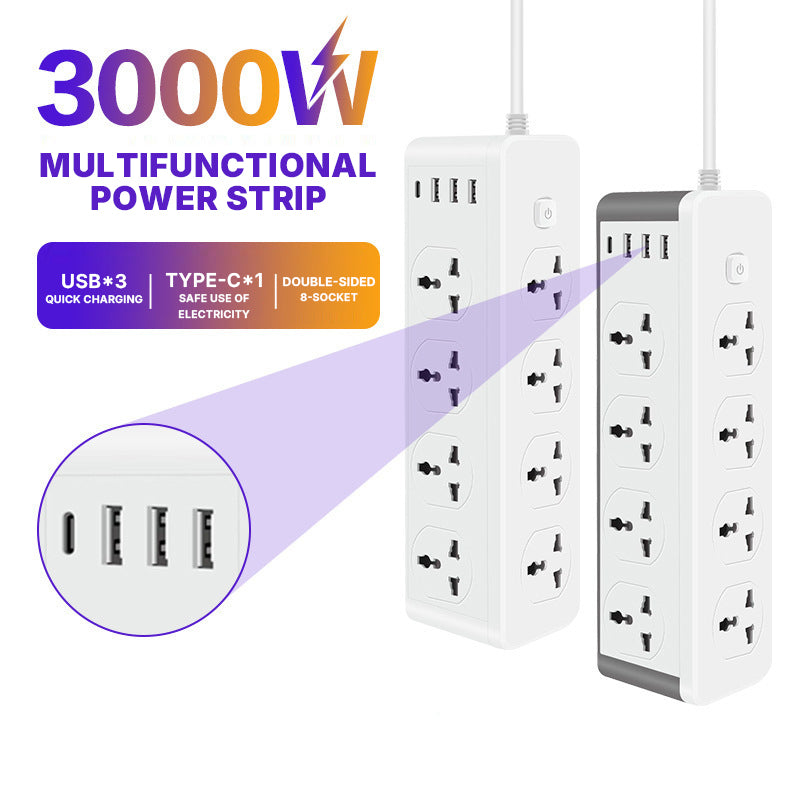 3000W Power Strip Extension with 8 Universal Outlets, 3.1A USB & Type-C Ports, Overload, Surge & Short Circuit Protection for Home & Office - 2 Metres Length