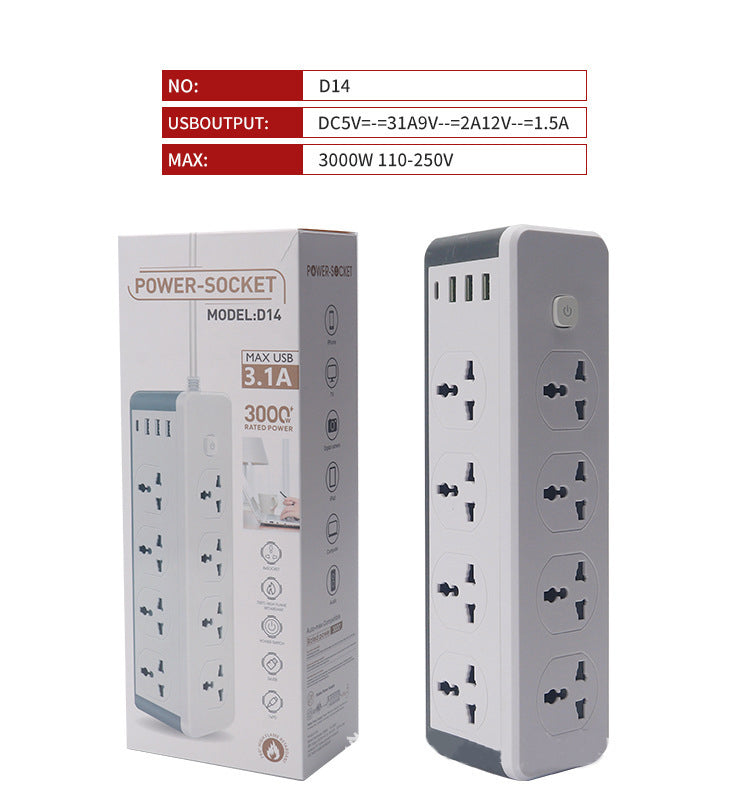 3000W Power Strip Extension with 8 Universal Outlets, 3.1A USB & Type-C Ports, Overload, Surge & Short Circuit Protection for Home & Office - 2 Metres Length