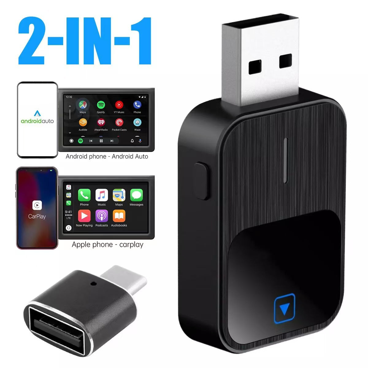 2-in-1 Wireless CarPlay & Android Auto USB Adapter with Bluetooth 5.3, Dual-Band WiFi, Voice Control & Multi-Car Compatibility – Plug & Play Smart Connection for iOS & Android Devices