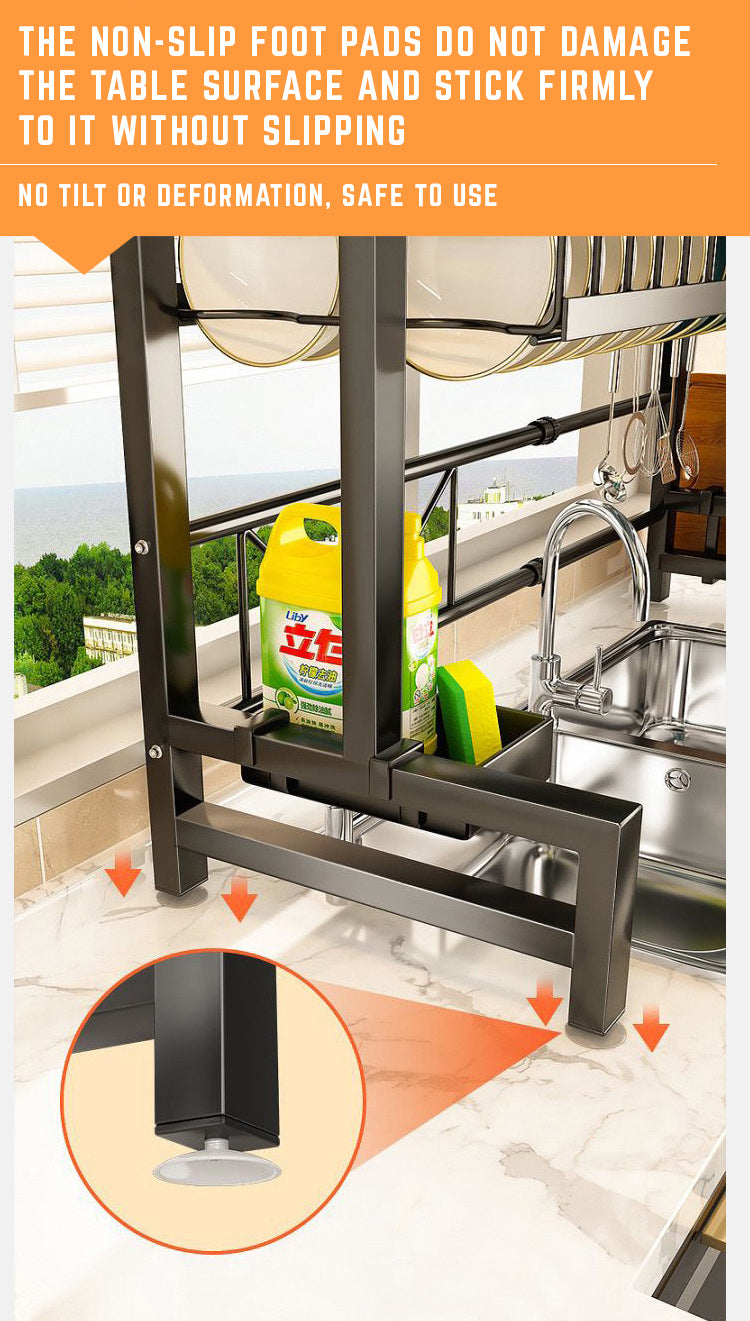 Adjustable Over-the-Sink Expandable Dish Drying Rack with Hooks & Cutlery Holder (62cm to 103cm)