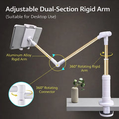 Adjustable Multifunction Desktop Phone & Tablet Stand with 360° Rotating Arm, Anti-Shake Clamp Mount, Foldable Alloy Extension Rod and Universal Device Holder