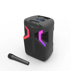 مكبر صوت كاريوكي محمول يعمل بتقنية البلوتوث مع ميكروفون لاسلكي، وأضواء RGB، ودعم USB/FM/TF وبطارية قابلة لإعادة الشحن - مخرج 25 وات