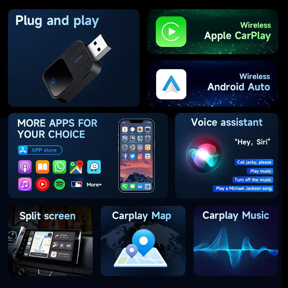2-in-1 Wireless CarPlay & Android Auto USB Adapter with Bluetooth 5.3, Dual-Band WiFi, Voice Control & Multi-Car Compatibility – Plug & Play Smart Connection for iOS & Android Devices