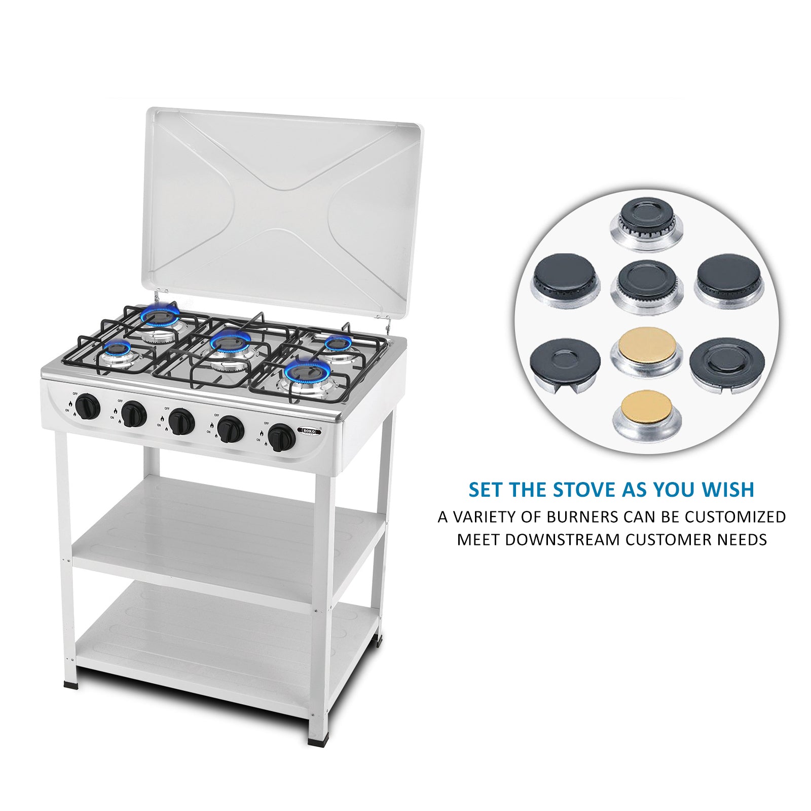 BOKO 5 Burner Portable Indoor & Outdoor Gas Stove with Iron Body, Wind Cover, and Independent 2.5KW Burner Control for Camping and Backyard Cooking