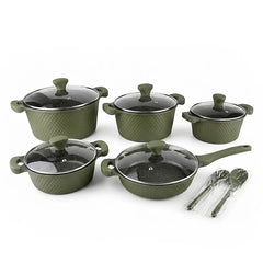 OSFE 12 PCS Aluminum Nonstick Granite Cookware Set (32, 28, 24, 20 cm Pots, 28 cm Pan with 2 Pcs of Utensil Tools) - Green