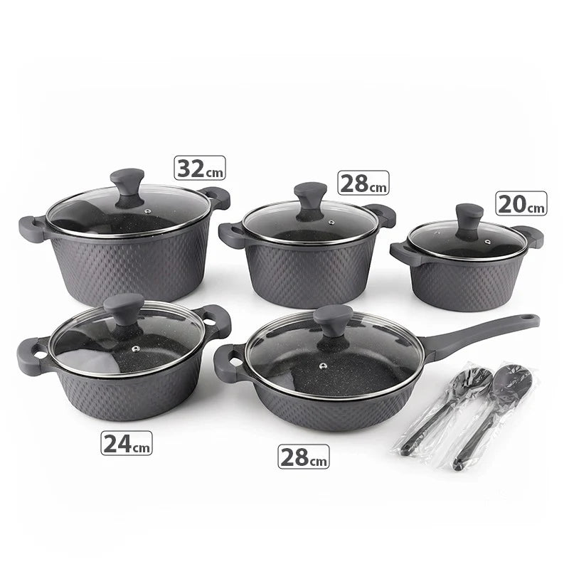 OSFE 12 PCS Aluminum Nonstick Granite Cookware Set (32, 28, 24, 20 cm Pots, 28 cm Pan with 2 Pcs of Utensil Tools) - Grey
