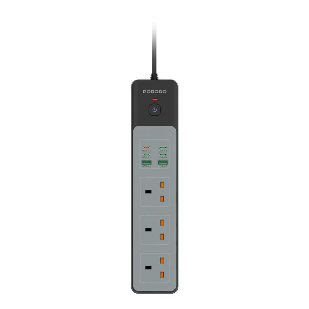 Porodo 3AC Power Strip with 45W USB Charging, PD 35W Fast Charge, 3000W Power Capacity and 3 Meter Power Cord - Black