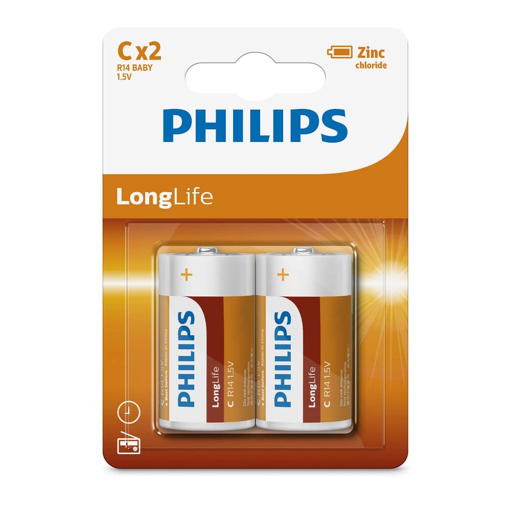 بطارية فيليبس زنك Longlife حجم C بجهد 1.5 فولت، قطعتان (R14L2B/97)