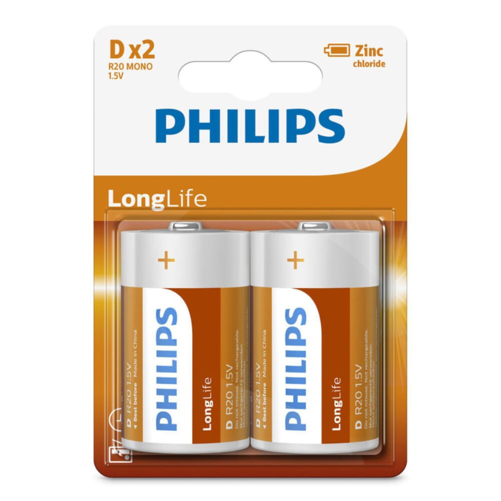 بطاريات فيليبس زنك طويلة الأمد D 1.5 فولت قطعتين (R20L2F/97)