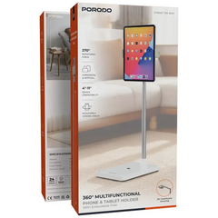 Porodo 360° Multifunctional Phone and Tablet Holder with Extendable Pole, Adjustable Height, Swivel Hinge and Multi-Device Compatibility