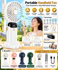 4-in-1 Portable Rechargeable Fan with 18650 Lithium Battery, 5 Air Speeds, Real-Time LED Battery Display, 90° Foldable Design, Aromatherapy Function & USB-C Charging