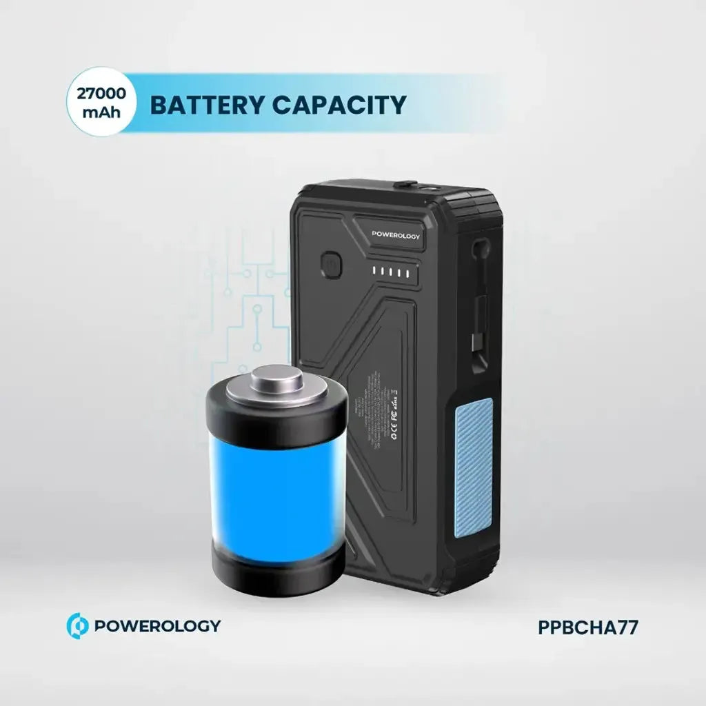 Powerology 27000mAh Solar Wireless Charging Power Bank with PD 20W Fast Charging, 15W Wireless Output and IP54 Water Resistance