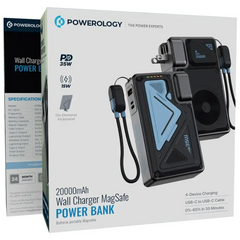 Powerology Wall Charger MagSafe Power Bank 20000mAh with 35W Fast Charging, Wireless Charging, Pass-Through Charging and Interchangeable Plugs