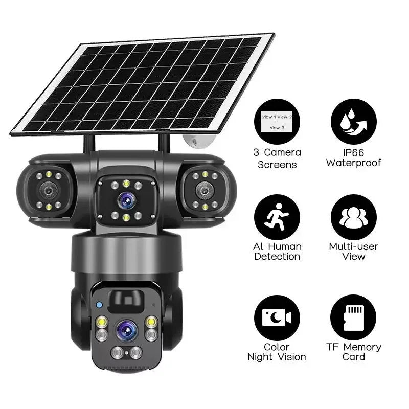 4G Triple Lens Smart Solar Powered Outdoor Security Camera with Dual Charging, 355° Pan 90° Tilt, Motion Detection, Two-Way Audio & Multi-Screen HD Night Vision