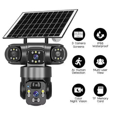 4G Triple Lens Smart Solar Powered Outdoor Security Camera with Dual Charging, 355° Pan 90° Tilt, Motion Detection, Two-Way Audio & Multi-Screen HD Night Vision