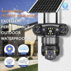 4G Triple Lens Smart Solar Powered Outdoor Security Camera with Dual Charging, 355° Pan 90° Tilt, Motion Detection, Two-Way Audio & Multi-Screen HD Night Vision