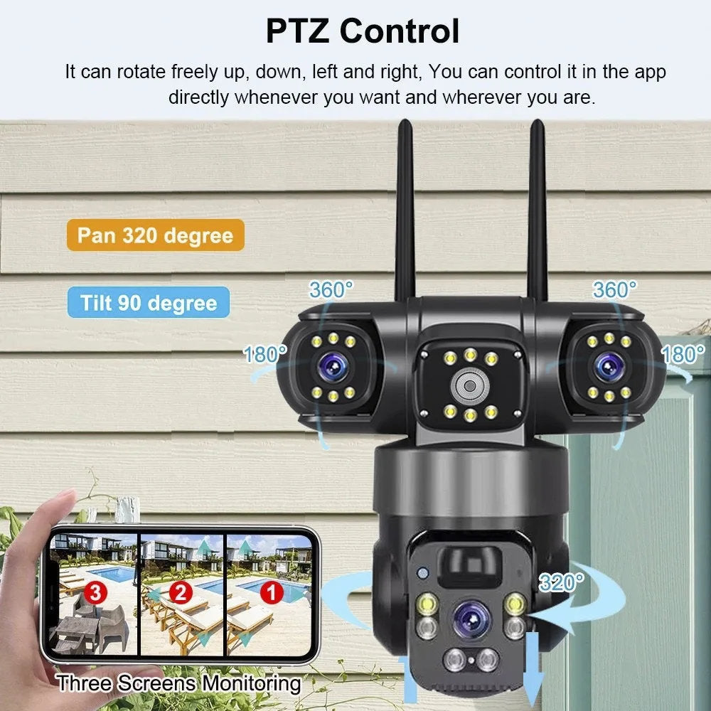 4G Triple Lens Smart Solar Powered Outdoor Security Camera with Dual Charging, 355° Pan 90° Tilt, Motion Detection, Two-Way Audio & Multi-Screen HD Night Vision