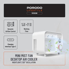 Porodo Mini Mist Fan Desktop Air Cooler with 250mL Water Tank, Smart LED Display, USB-C Rechargeable 2000mAh Battery, 5 Speed Personal Cooling Fan & LED Night Light